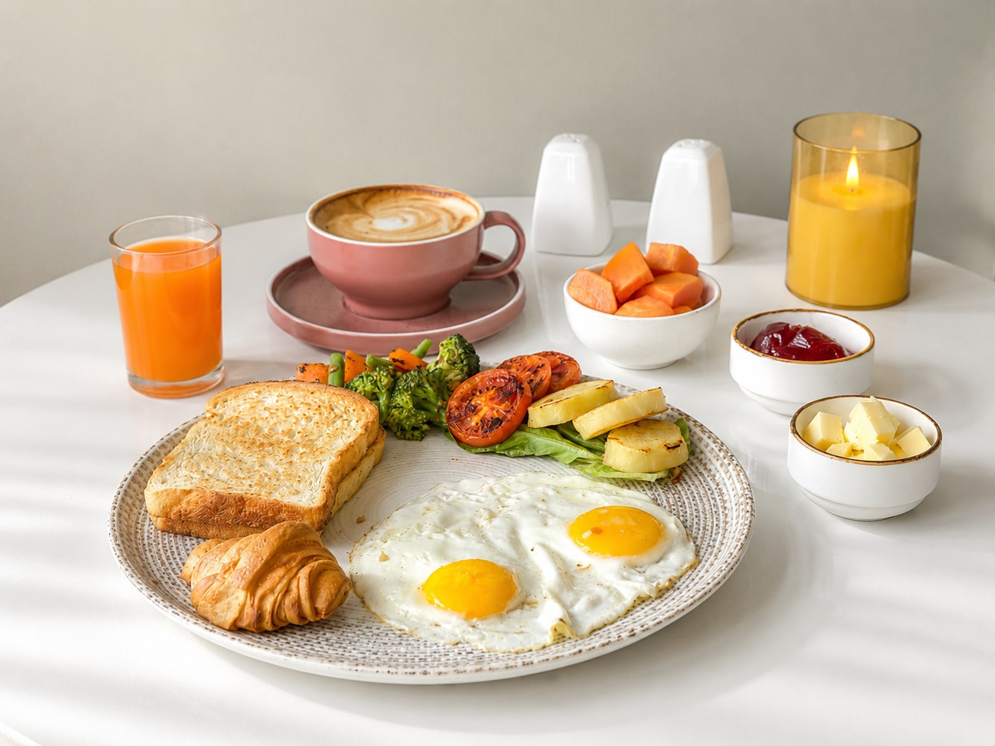 The Vagabond Traveller Breakfast — eggs, buttered toast, croissant, grilled tomato and sautéed greens