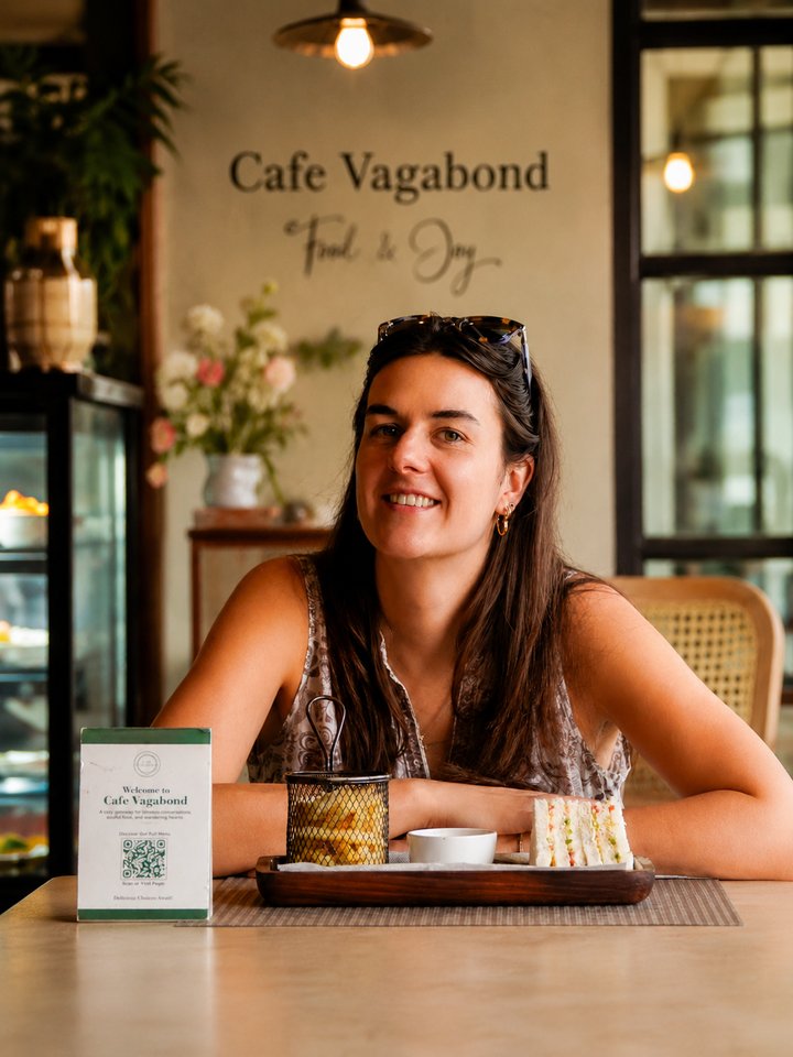 A guest with tea and a club sandwich at Café Vagabond, the café name painted on the wall behind