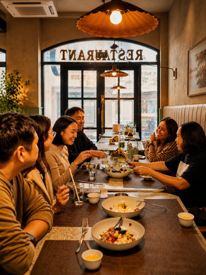 A group of friends laughing over a shared meal at a long table in Café Vagabond
