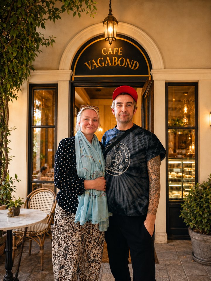 A couple outside the entrance of Café Vagabond, beneath the signage