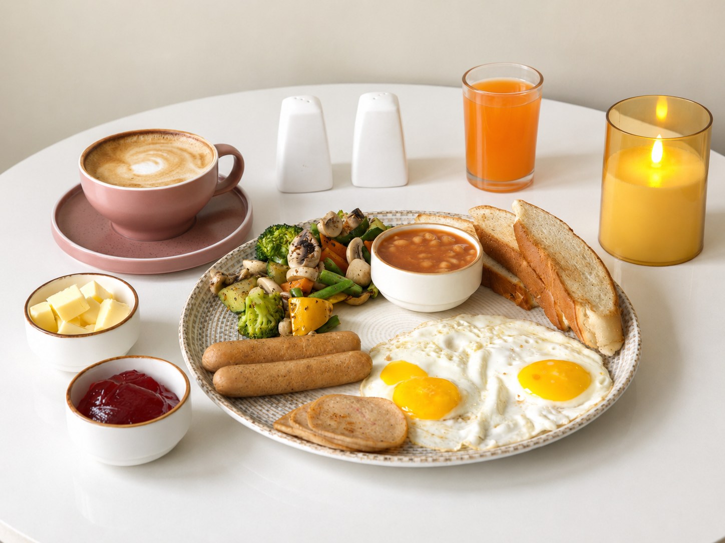 Vagabond Traveller Breakfast — eggs, sausages, baked beans, toast and sautéed vegetables