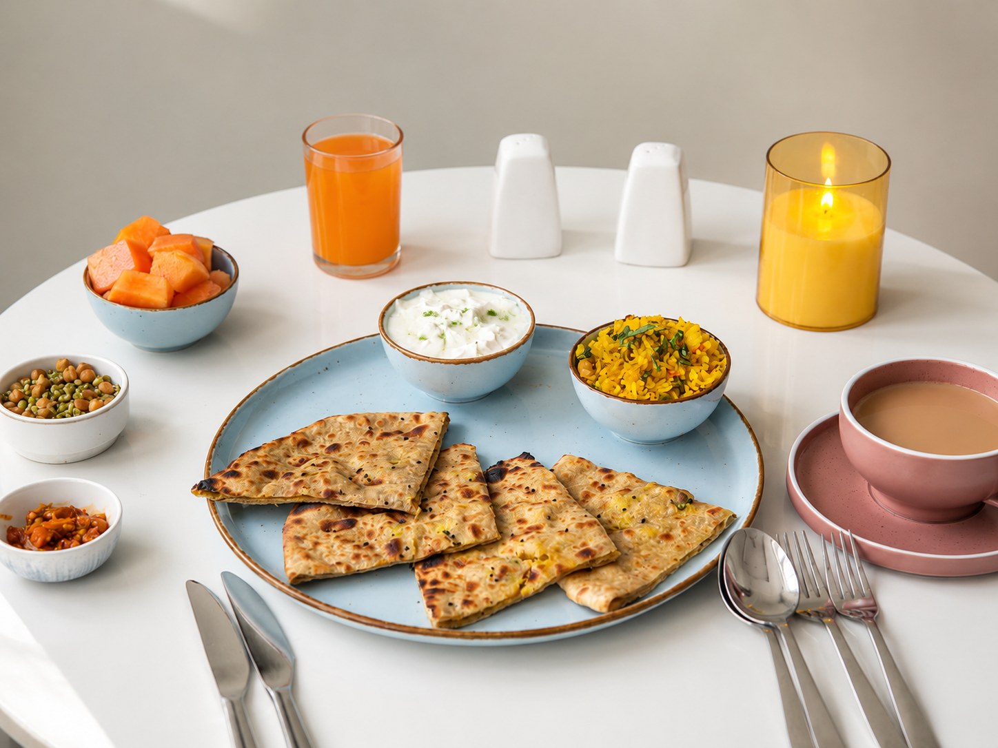 Vagabond Traveller Breakfast — stuffed paratha with raita, poha, fresh fruit and masala chai