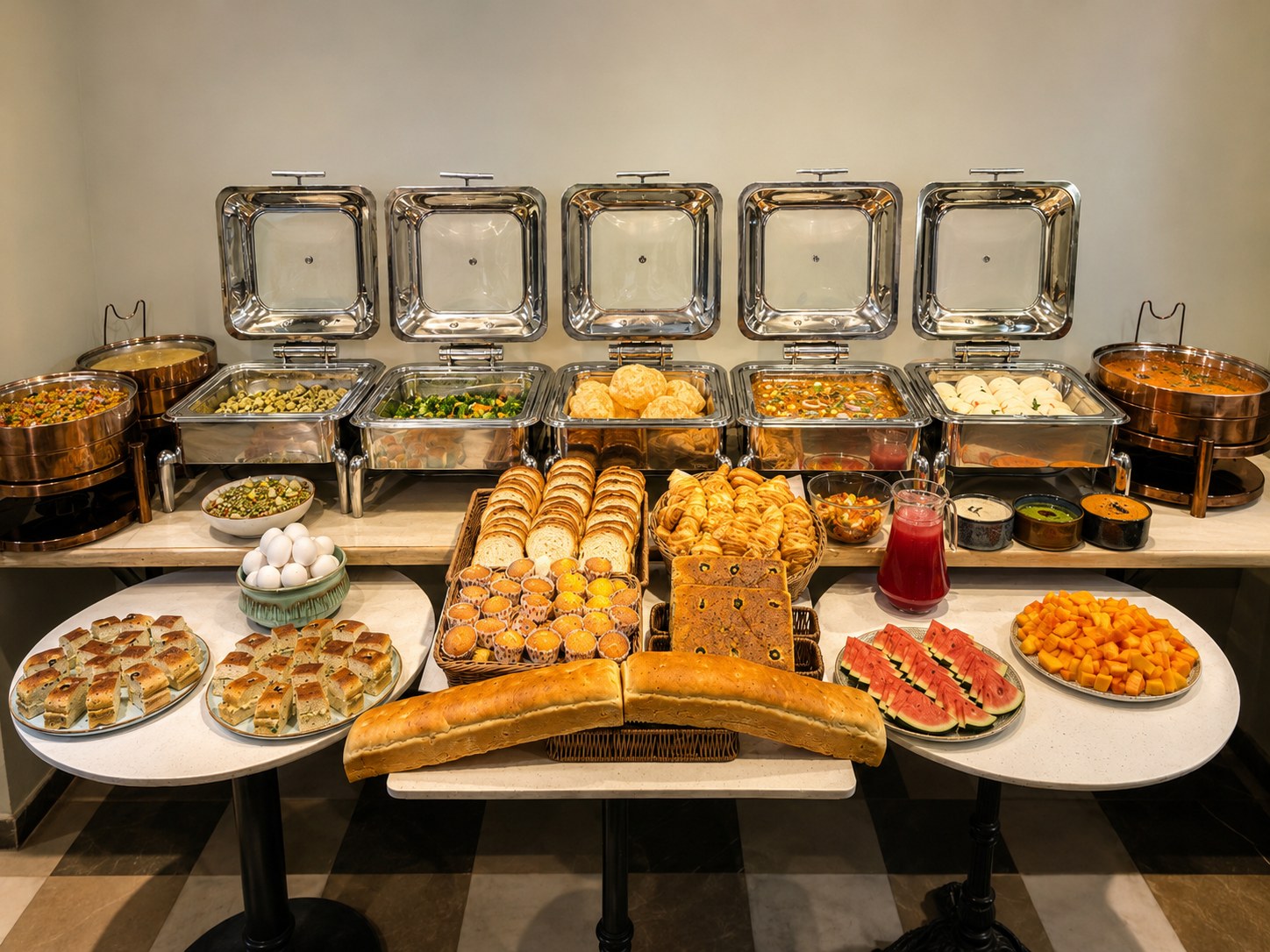 Buffet breakfast spread at Café Vagabond