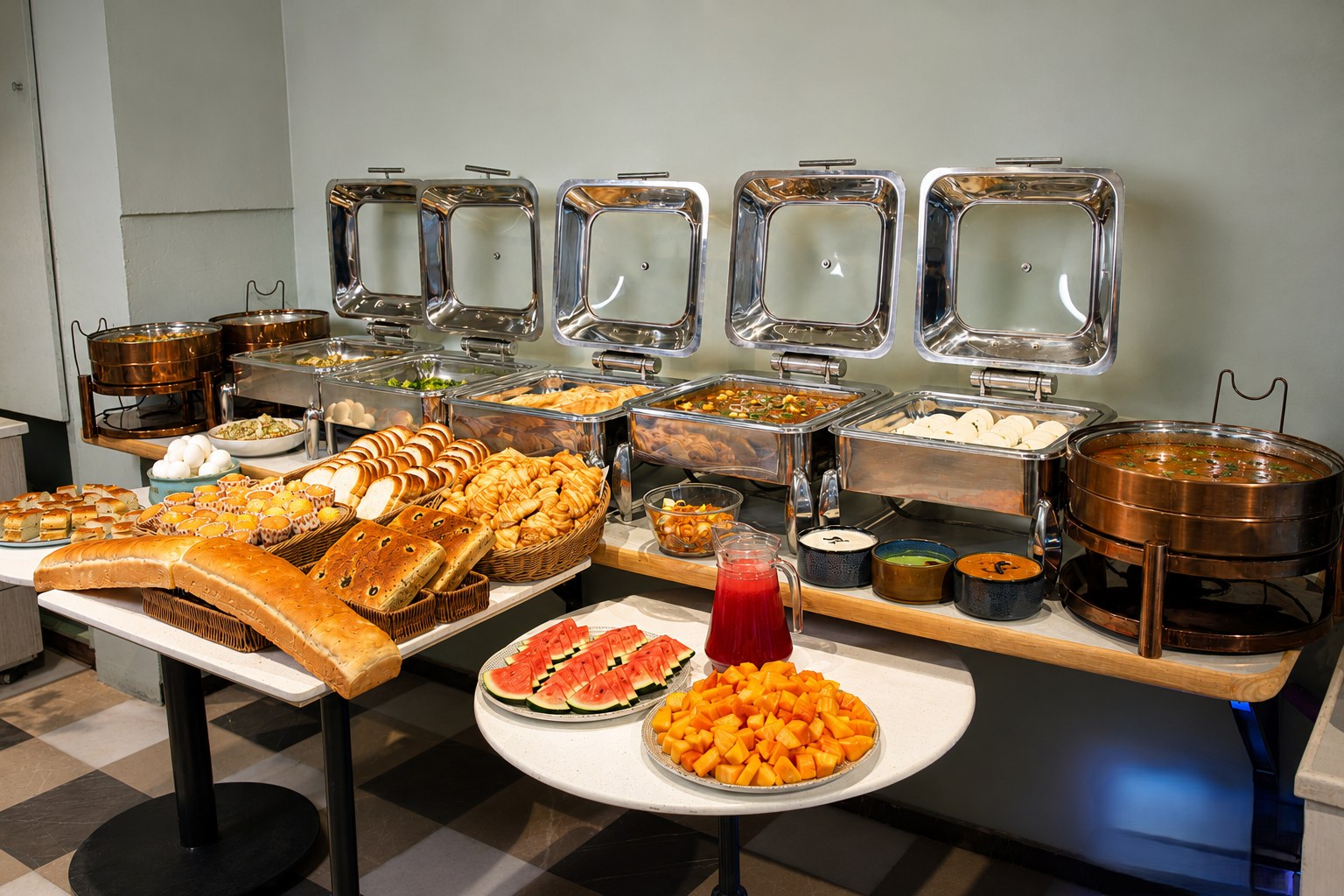 Buffet — breads, curries and fresh fruit