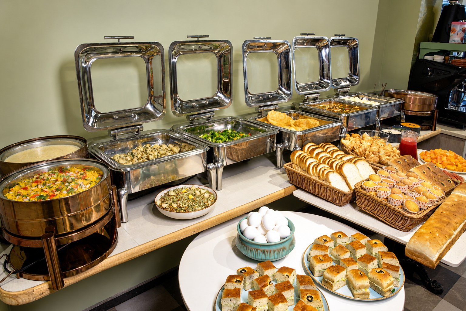 Buffet — hot dishes, breads and morning bakes